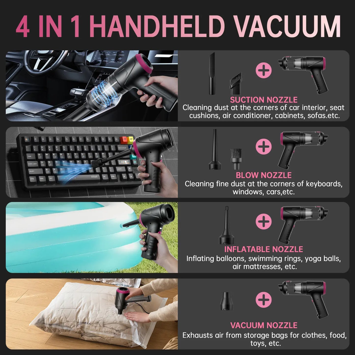 Cordless 4-in-1 Handheld Car Vacuum Cleaner with 16000PA Suction Power, Air Duster, Adjustable Multi-Nozzle Attachments, LED Light, and Portability for Car, Home, and Pet Use