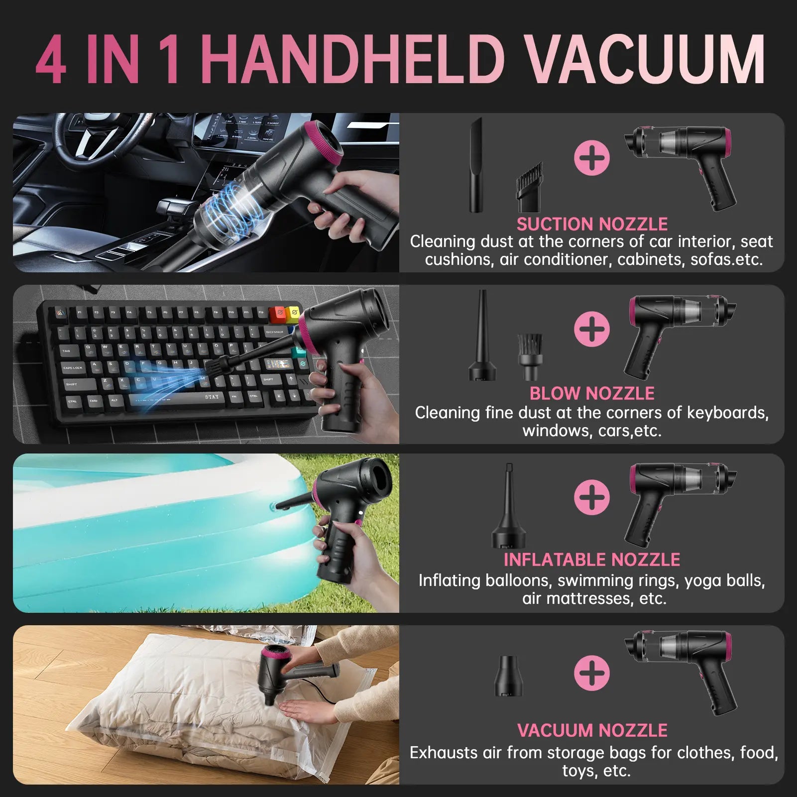 Cordless 4-in-1 Handheld Car Vacuum Cleaner with 16000PA Suction Power, Air Duster, Adjustable Multi-Nozzle Attachments, LED Light, and Portability for Car, Home, and Pet Use
