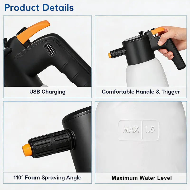 Rechargeable Cordless Electric Foam Sprayer - High Pressure Foam Cannon for Automotive Detailing, Home and Industrial Cleaning with Smart Pressure Control and Ergonomic Handle