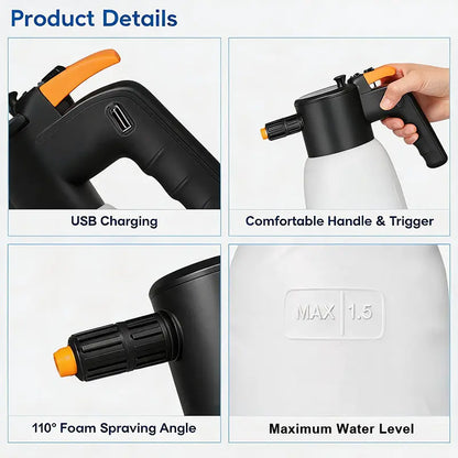 Rechargeable Cordless Electric Foam Sprayer - High Pressure Foam Cannon for Automotive Detailing, Home and Industrial Cleaning with Smart Pressure Control and Ergonomic Handle