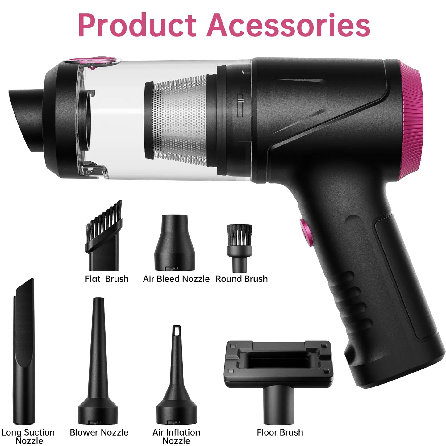 Cordless 4-in-1 Handheld Car Vacuum Cleaner with 16000PA Suction Power, Air Duster, Adjustable Multi-Nozzle Attachments, LED Light, and Portability for Car, Home, and Pet Use