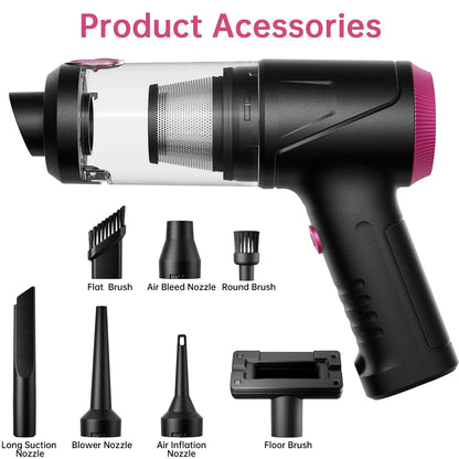 Cordless 4-in-1 Handheld Car Vacuum Cleaner with 16000PA Suction Power, Air Duster, Adjustable Multi-Nozzle Attachments, LED Light, and Portability for Car, Home, and Pet Use