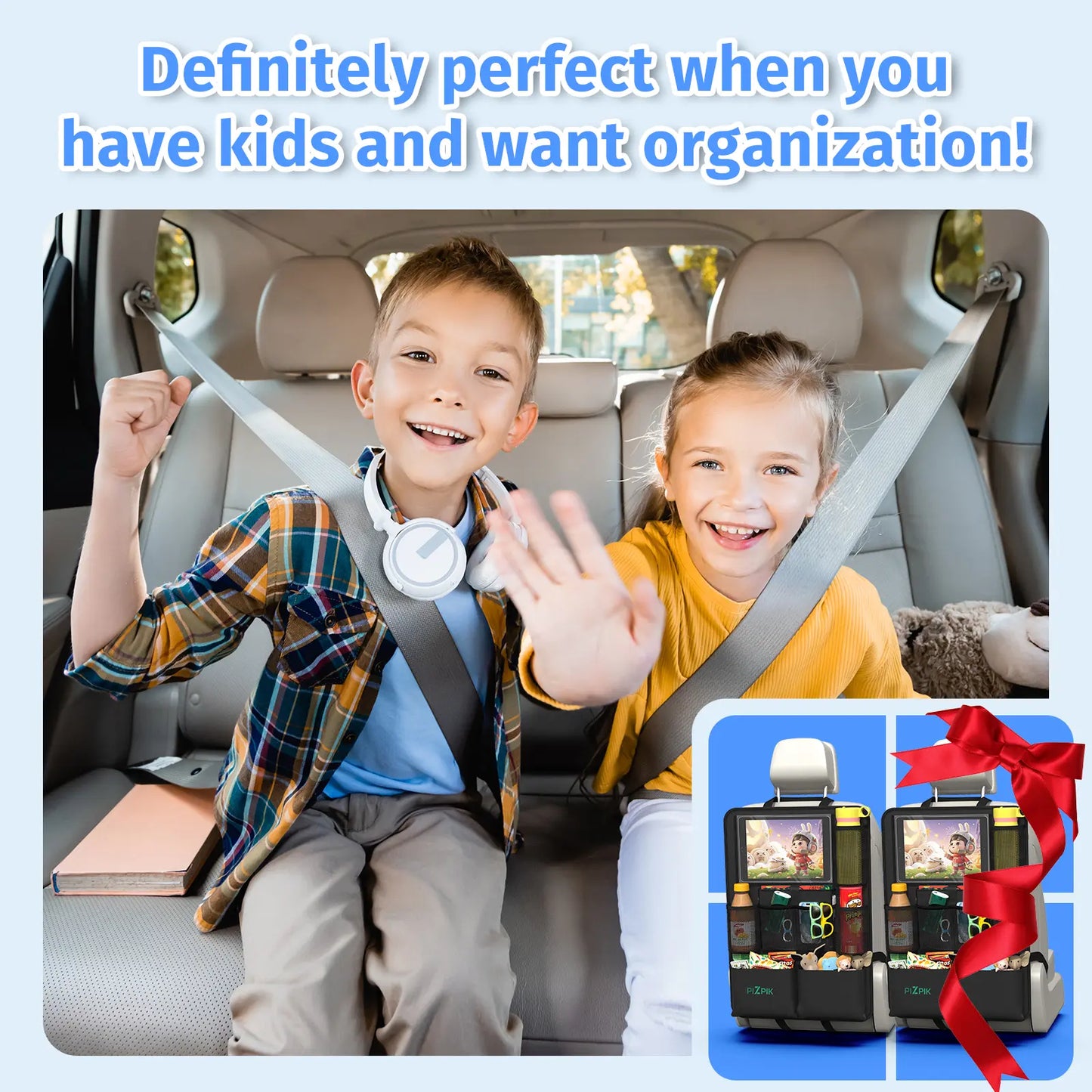 Plzpik Premium Car Backseat Organizer with Waterproof Kick Mats, Tablet Holder, 11 Storage Pockets, and Foldable Food Tray - Durable Travel and Home Storage Solution (Black, 2-Pack)