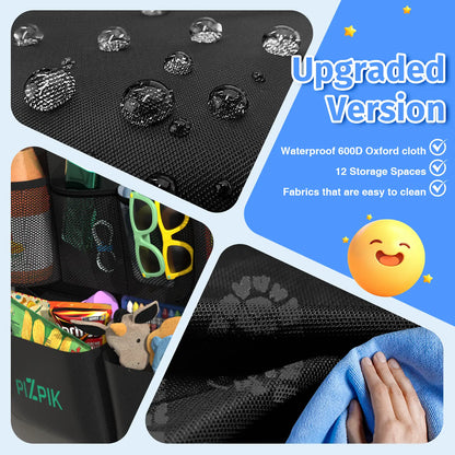 Plzpik Premium Car Backseat Organizer with Waterproof Kick Mats, Tablet Holder, 11 Storage Pockets, and Foldable Food Tray - Durable Travel and Home Storage Solution (Black, 2-Pack)