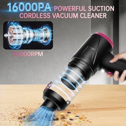 Cordless 4-in-1 Handheld Car Vacuum Cleaner with 16000PA Suction Power, Air Duster, Adjustable Multi-Nozzle Attachments, LED Light, and Portability for Car, Home, and Pet Use