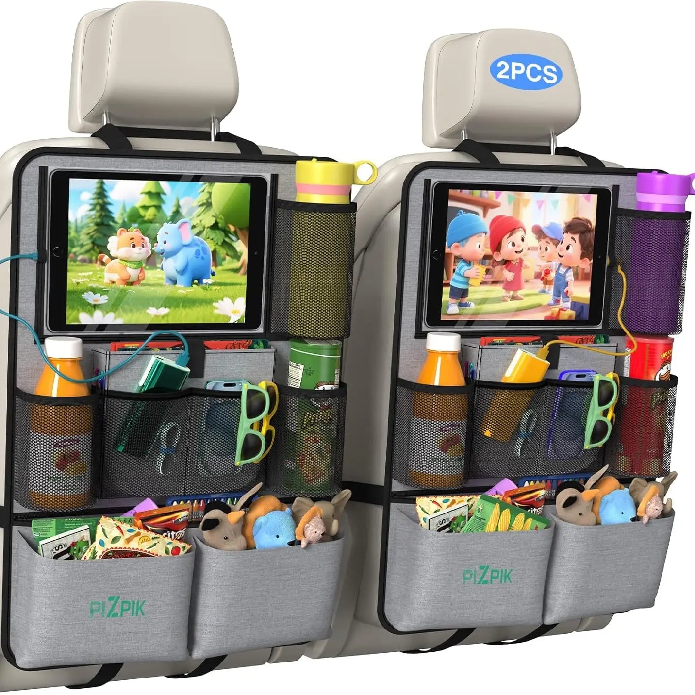 Plzpik Premium Car Backseat Organizer with Waterproof Kick Mats, Tablet Holder, 11 Storage Pockets, and Foldable Food Tray - Durable Travel and Home Storage Solution (Black, 2-Pack)