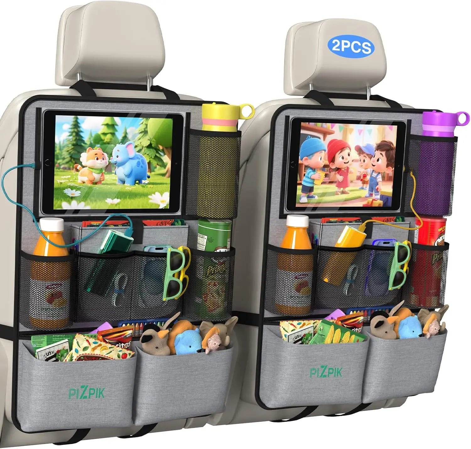 Plzpik Premium Car Backseat Organizer with Waterproof Kick Mats, Tablet Holder, 11 Storage Pockets, and Foldable Food Tray - Durable Travel and Home Storage Solution (Black, 2-Pack)