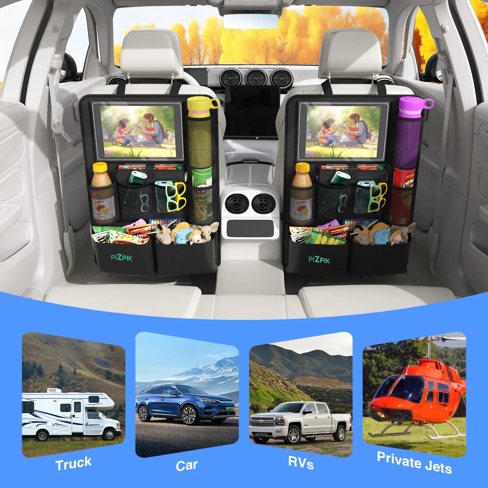 Plzpik Premium Car Backseat Organizer with Waterproof Kick Mats, Tablet Holder, 11 Storage Pockets, and Foldable Food Tray - Durable Travel and Home Storage Solution (Black, 2-Pack)