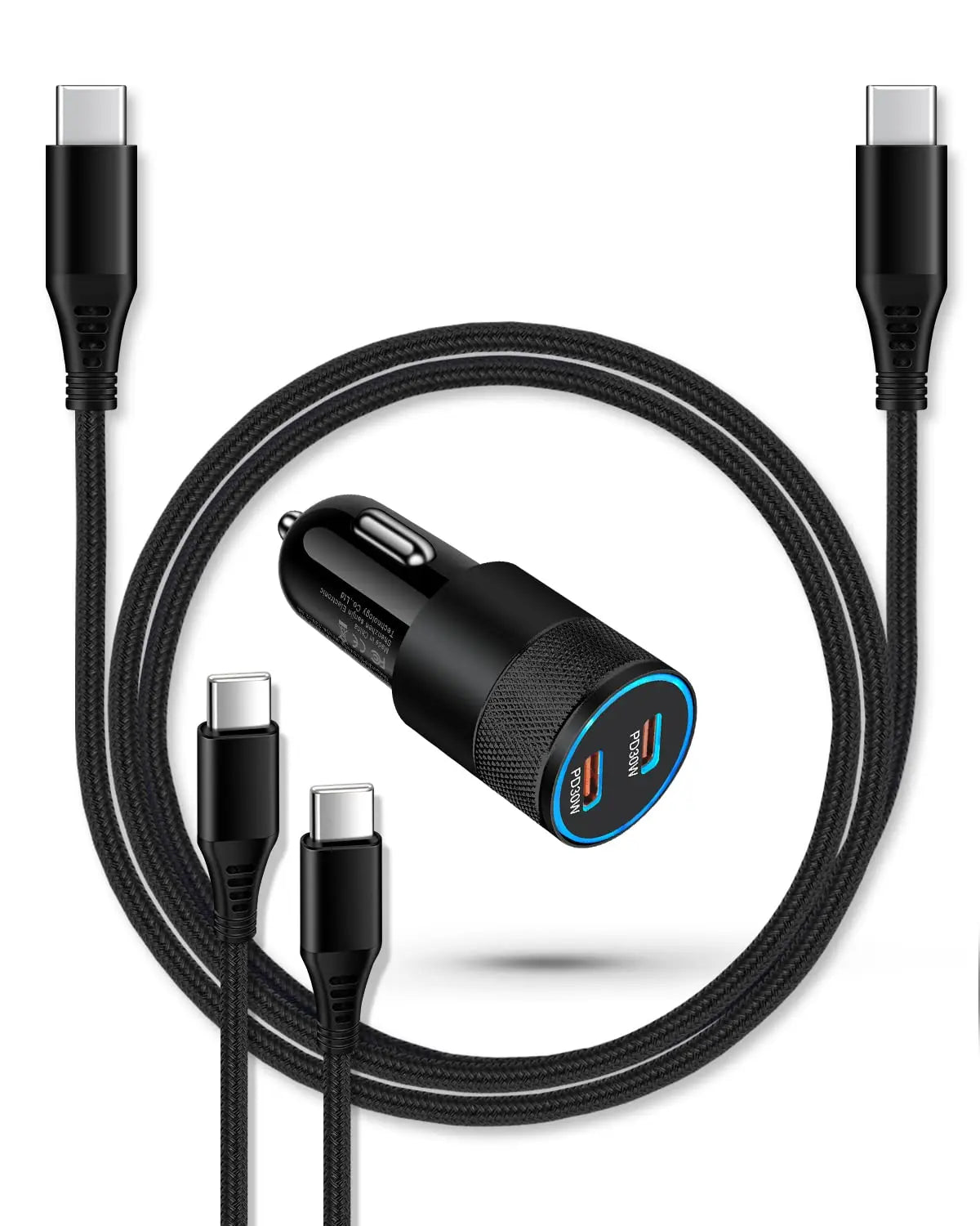 High-Speed Dual-Port USB-C Car Charger for Samsung Galaxy and iPhone - 3-Pack 60W Cigarette Lighter Adapter with 2 PD USB-C to C Cables for Galaxy S24/S23/S22/S20/S10/Note 20/10 and iPhone 16 Pro