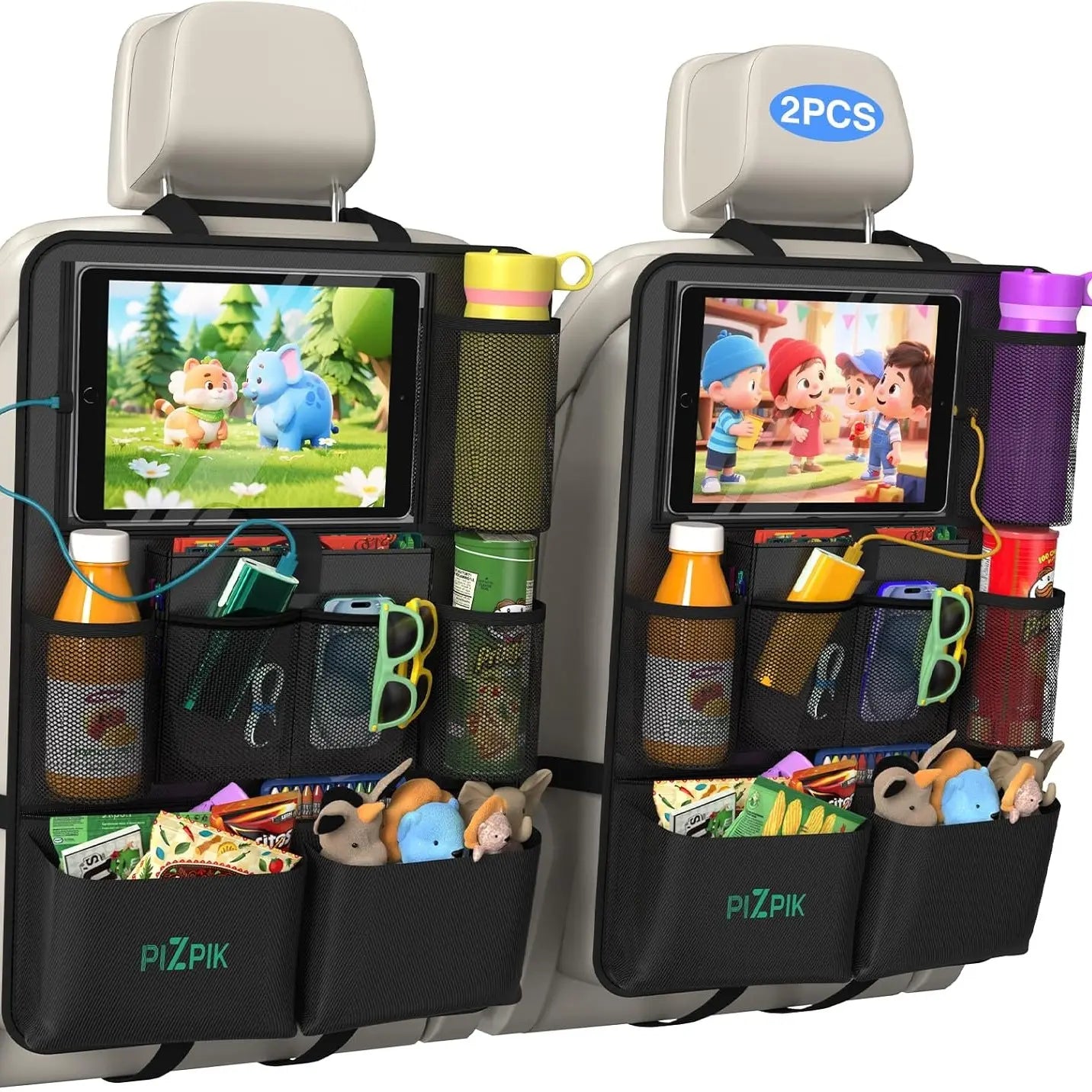 Plzpik Premium Car Backseat Organizer with Waterproof Kick Mats, Tablet Holder, 11 Storage Pockets, and Foldable Food Tray - Durable Travel and Home Storage Solution (Black, 2-Pack)