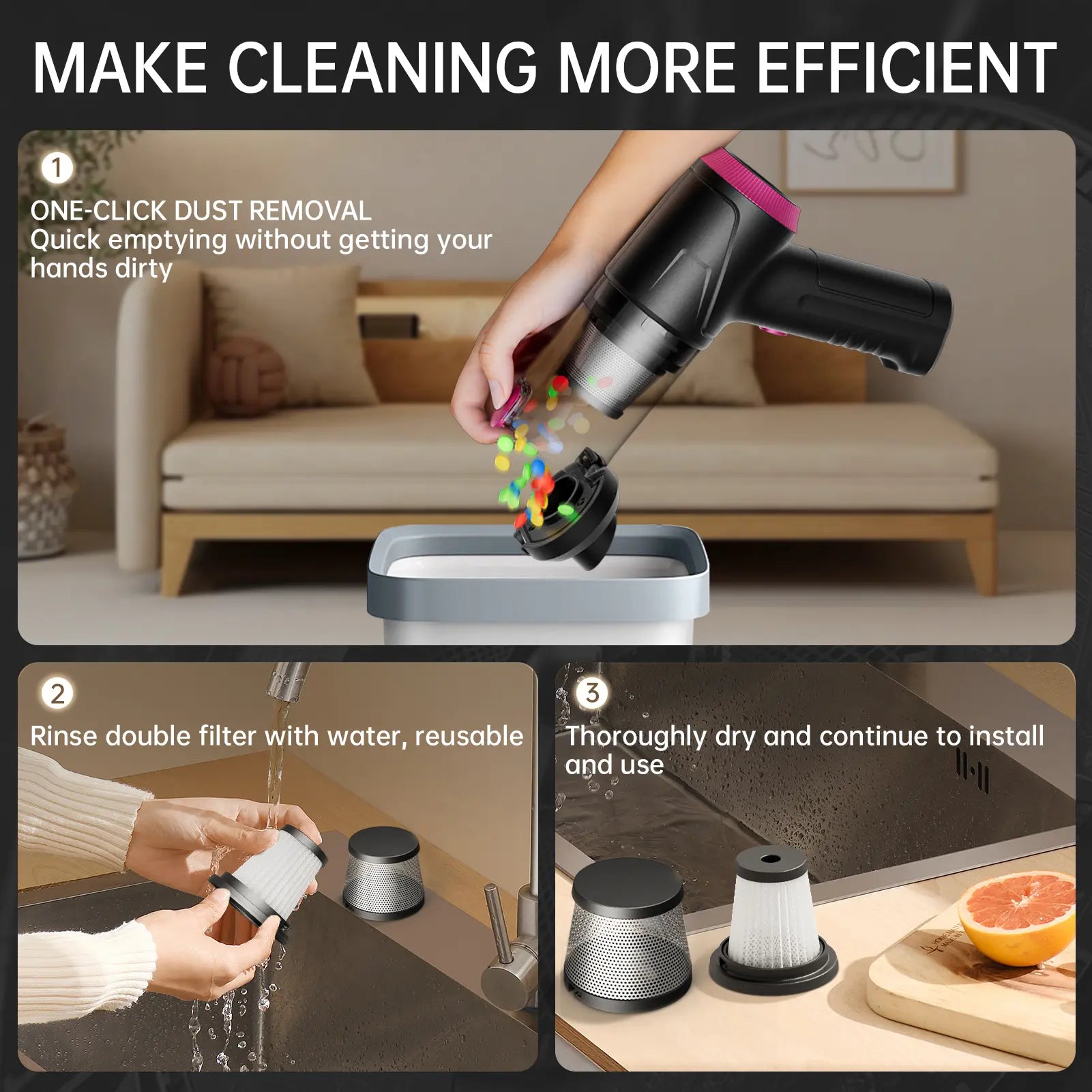 Cordless 4-in-1 Handheld Car Vacuum Cleaner with 16000PA Suction Power, Air Duster, Adjustable Multi-Nozzle Attachments, LED Light, and Portability for Car, Home, and Pet Use