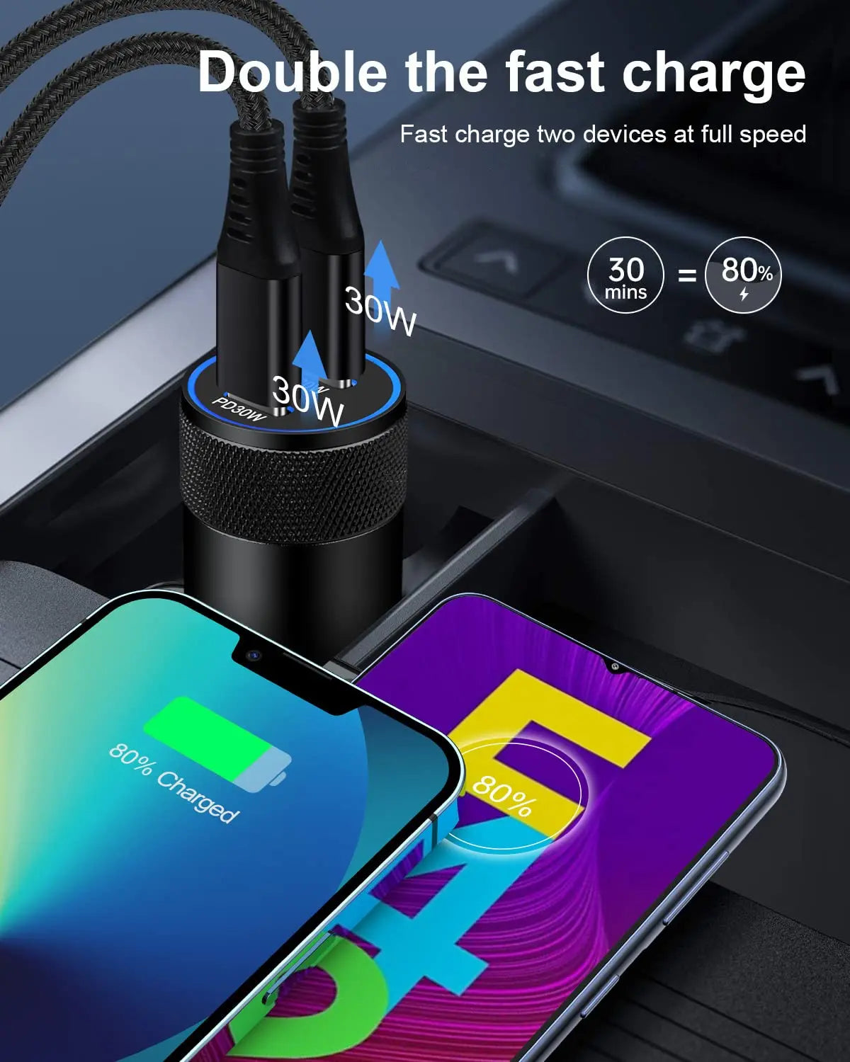 High-Speed Dual-Port USB-C Car Charger for Samsung Galaxy and iPhone - 3-Pack 60W Cigarette Lighter Adapter with 2 PD USB-C to C Cables for Galaxy S24/S23/S22/S20/S10/Note 20/10 and iPhone 16 Pro