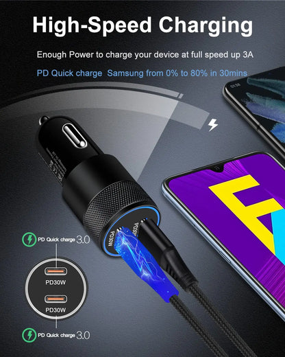 High-Speed Dual-Port USB-C Car Charger for Samsung Galaxy and iPhone - 3-Pack 60W Cigarette Lighter Adapter with 2 PD USB-C to C Cables for Galaxy S24/S23/S22/S20/S10/Note 20/10 and iPhone 16 Pro