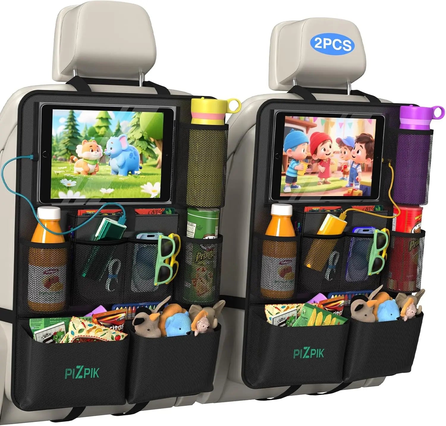 Plzpik Premium Car Backseat Organizer with Waterproof Kick Mats, Tablet Holder, 11 Storage Pockets, and Foldable Food Tray - Durable Travel and Home Storage Solution (Black, 2-Pack)