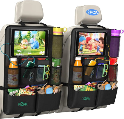 Plzpik Premium Car Backseat Organizer with Waterproof Kick Mats, Tablet Holder, 11 Storage Pockets, and Foldable Food Tray - Durable Travel and Home Storage Solution (Black, 2-Pack)