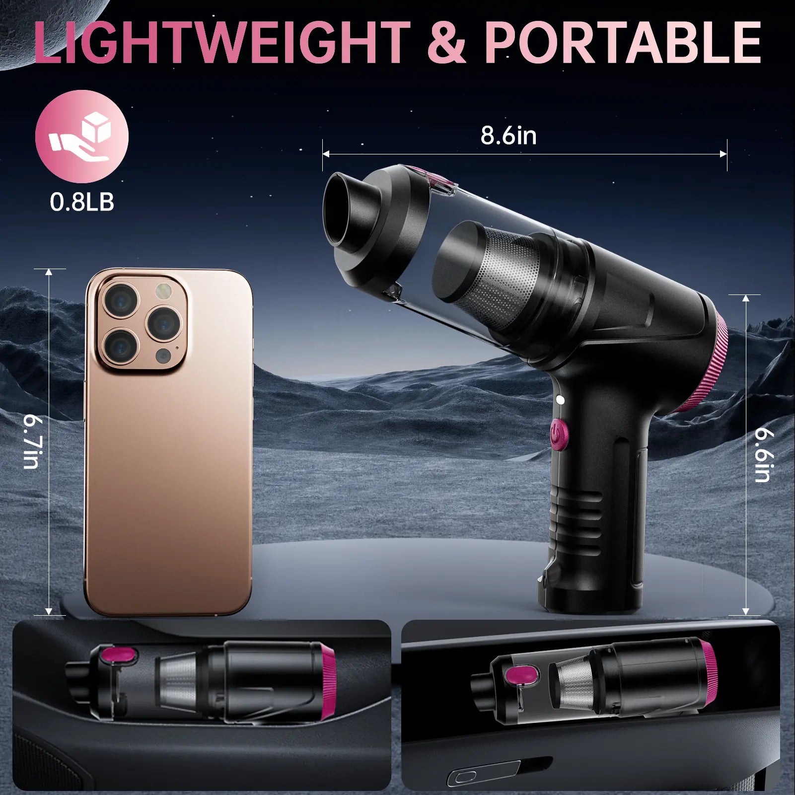 Cordless 4-in-1 Handheld Car Vacuum Cleaner with 16000PA Suction Power, Air Duster, Adjustable Multi-Nozzle Attachments, LED Light, and Portability for Car, Home, and Pet Use