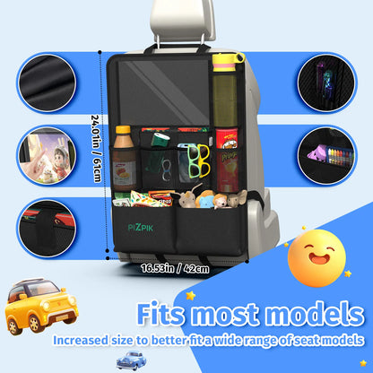 Plzpik Premium Car Backseat Organizer with Waterproof Kick Mats, Tablet Holder, 11 Storage Pockets, and Foldable Food Tray - Durable Travel and Home Storage Solution (Black, 2-Pack)